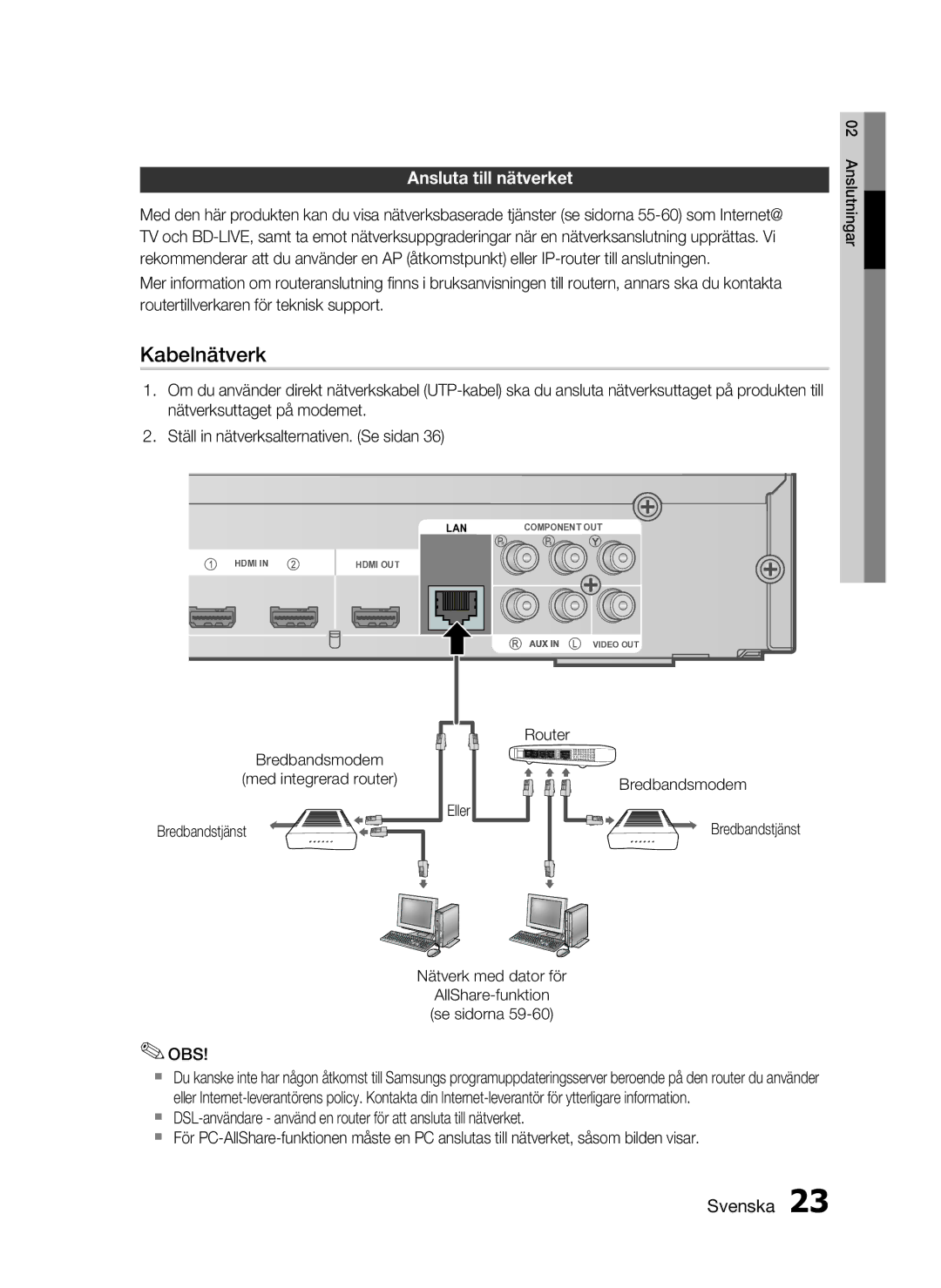 Samsung HT-C6800/XEE manual Kabelnätverk, Ansluta till nätverket 