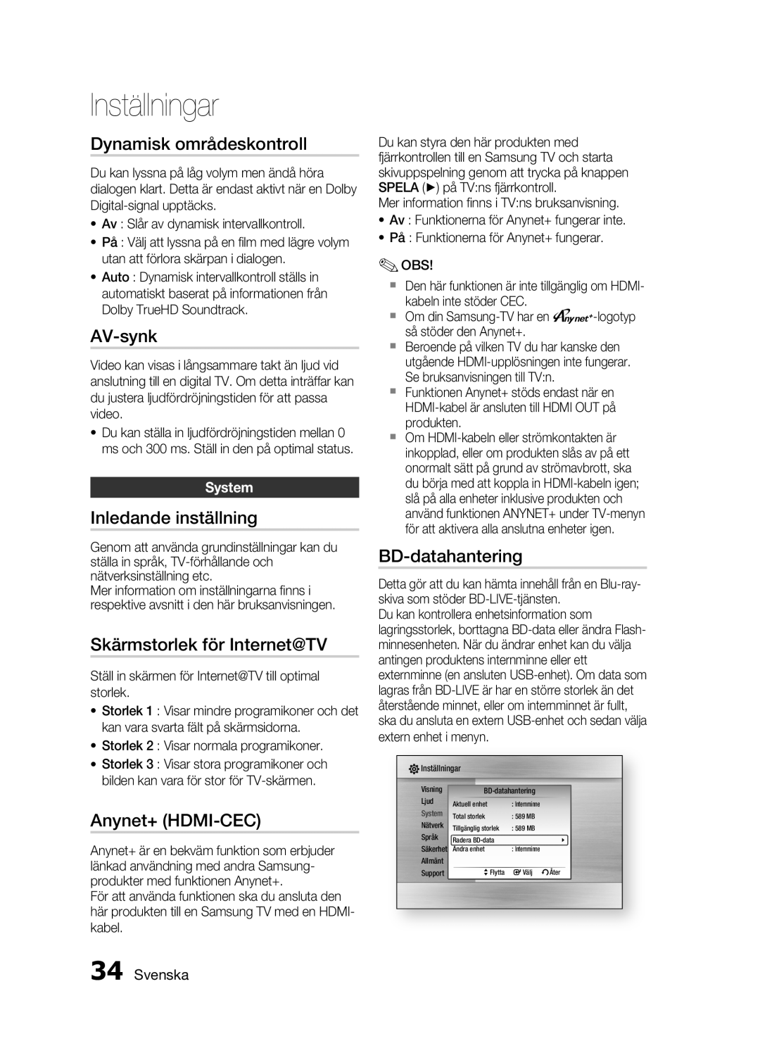 Samsung HT-C6800/XEE manual Dynamisk områdeskontroll, Inledande inställning, Skärmstorlek för Internet@TV, BD-datahantering 