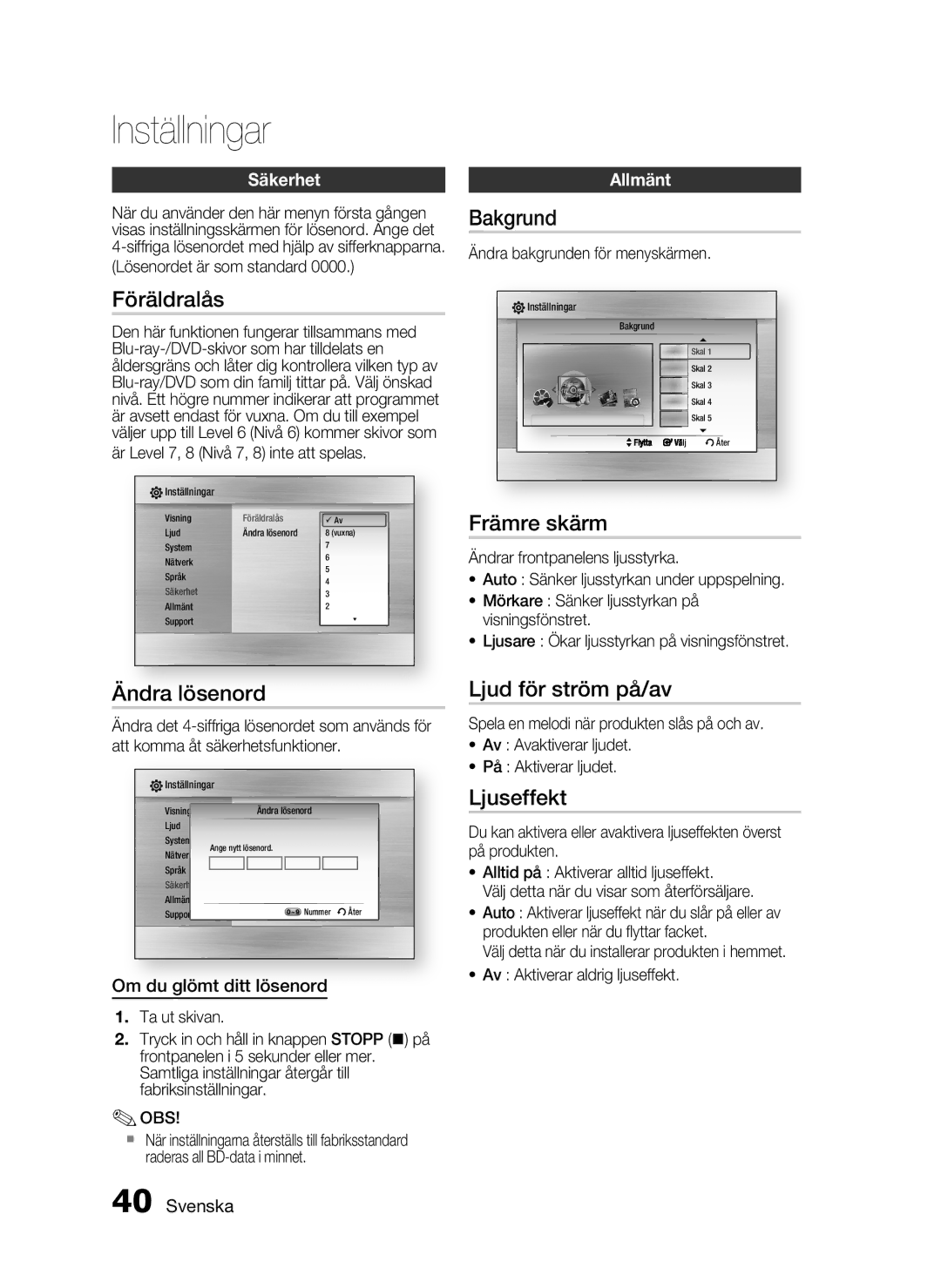 Samsung HT-C6800/XEE manual Föräldralås, Ändra lösenord, Bakgrund, Främre skärm, Ljud för ström på/av, Ljuseffekt 