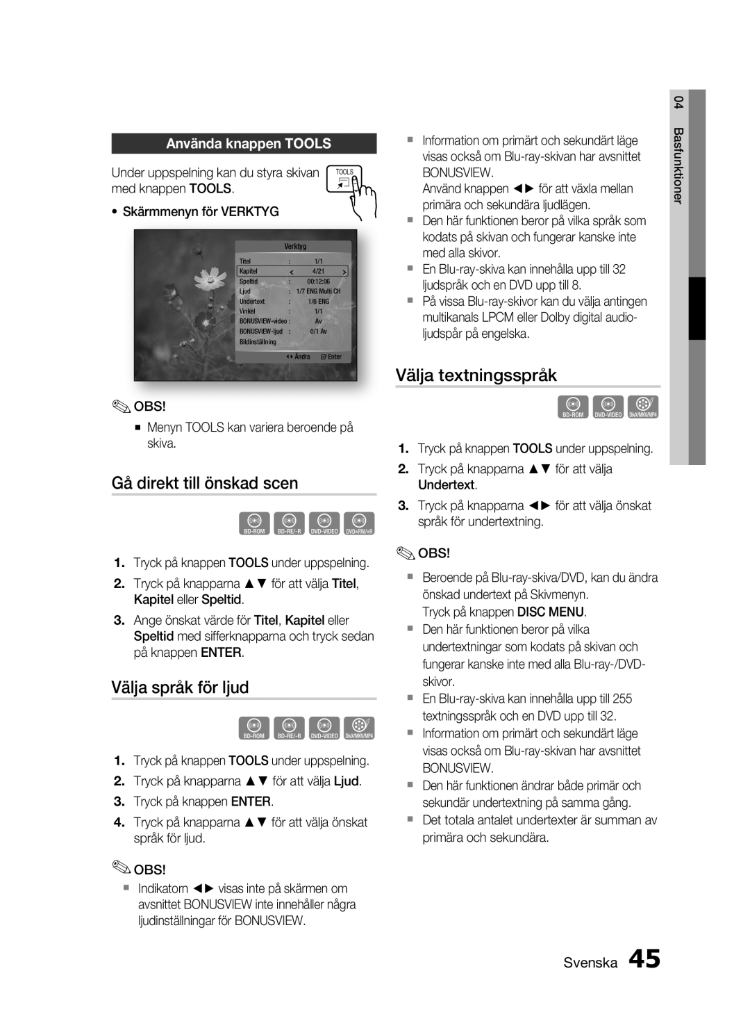 Samsung HT-C6800/XEE manual Gå direkt till önskad scen, Välja språk för ljud, Välja textningsspråk, Använda knappen Tools 