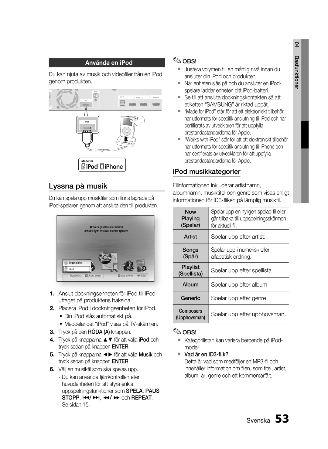 Samsung HT-C6800/XEE manual Lyssna på musik, IPod musikkategorier, Använda en iPod 