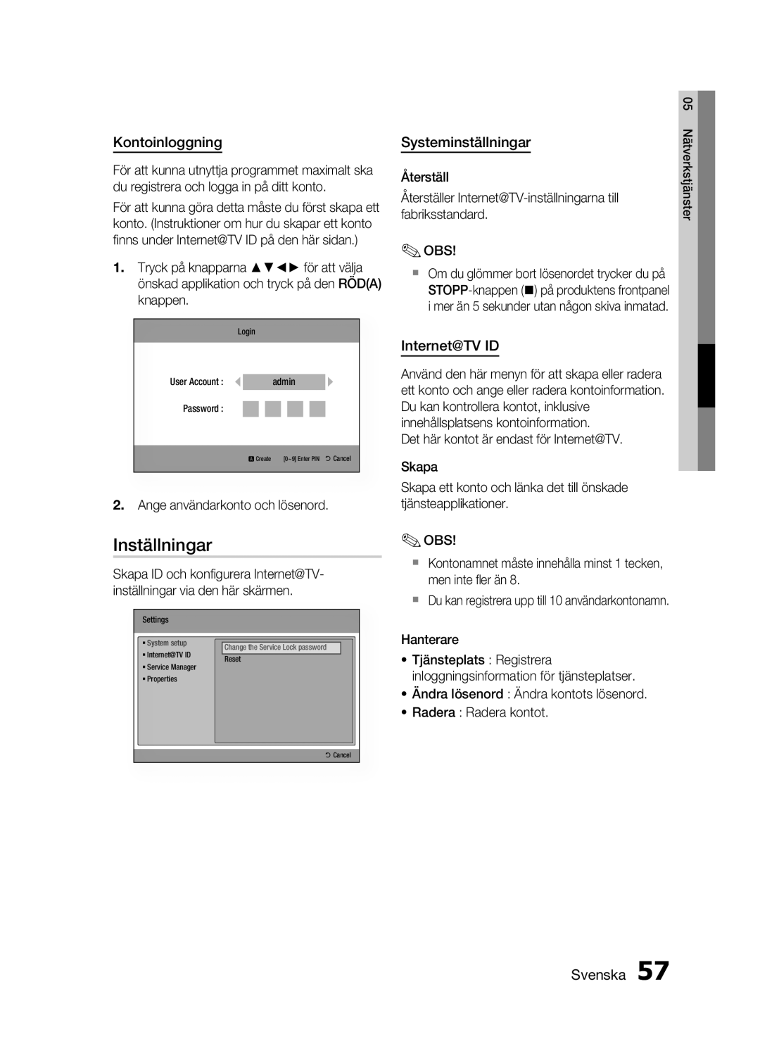 Samsung HT-C6800/XEE manual Inställningar, Kontoinloggning, Systeminställningar 