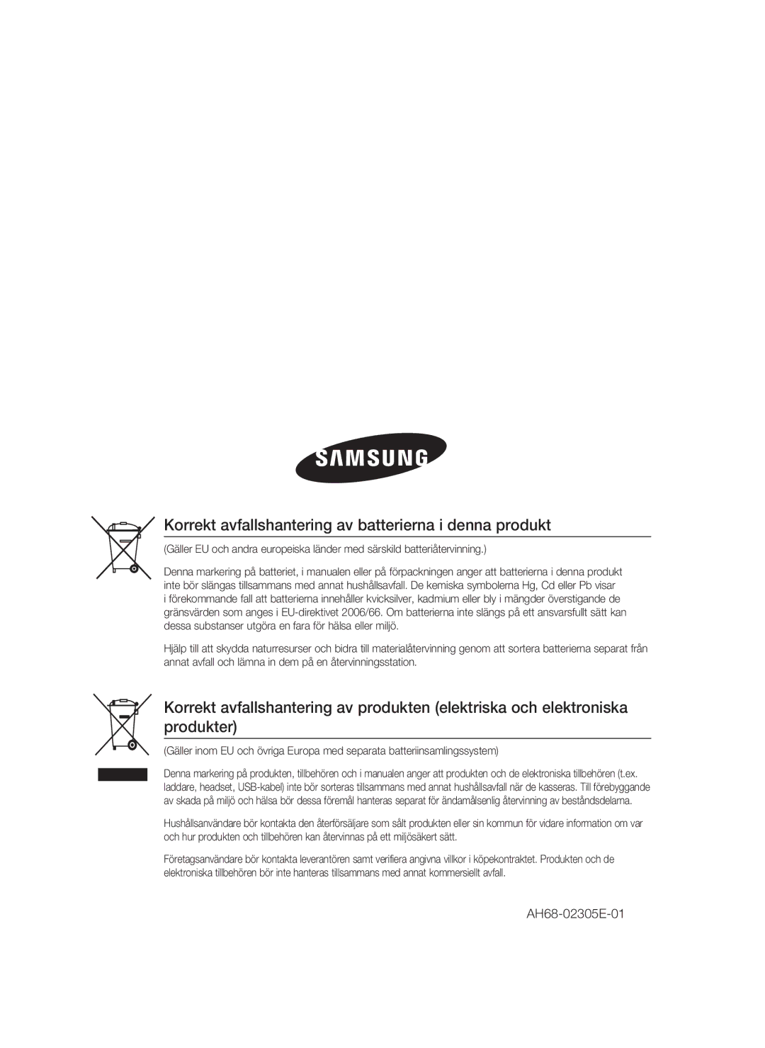 Samsung HT-C6800/XEE manual Korrekt avfallshantering av batterierna i denna produkt 