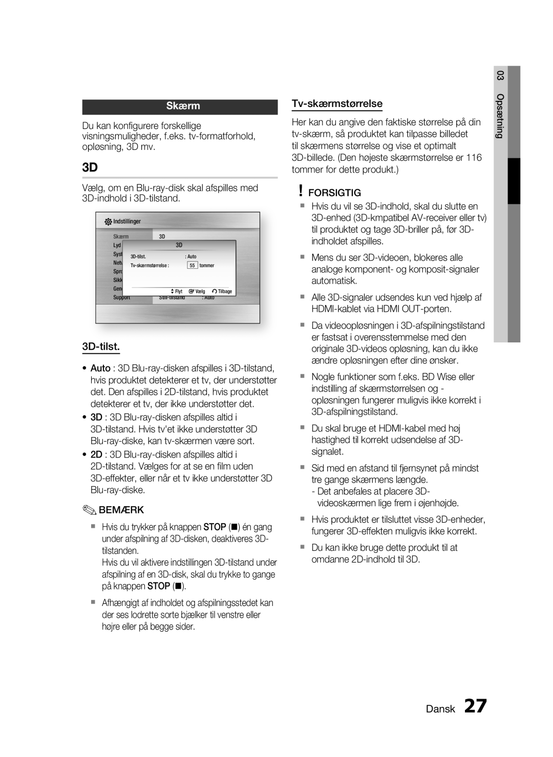 Samsung HT-C6800/XEE manual Skærm, 3D-tilst, Tv-skærmstørrelse, 3D 3D Blu-ray-disken afspilles altid 