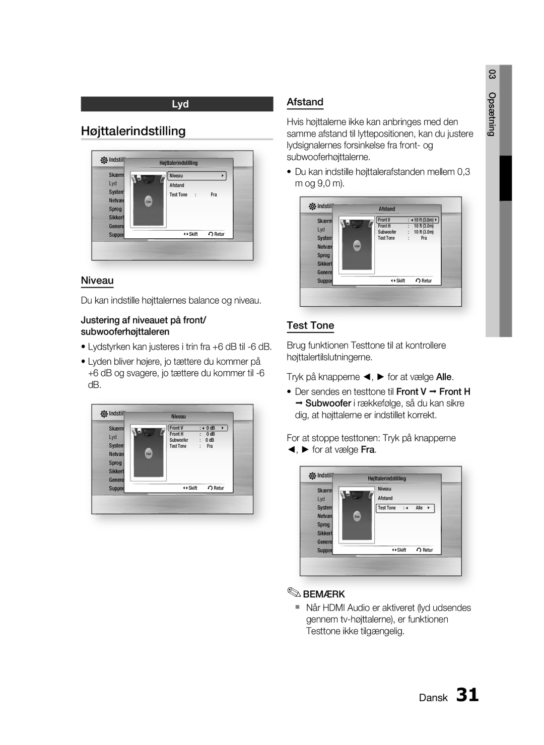 Samsung HT-C6800/XEE manual Højttalerindstilling, Lyd, Niveau, Afstand, Test Tone 