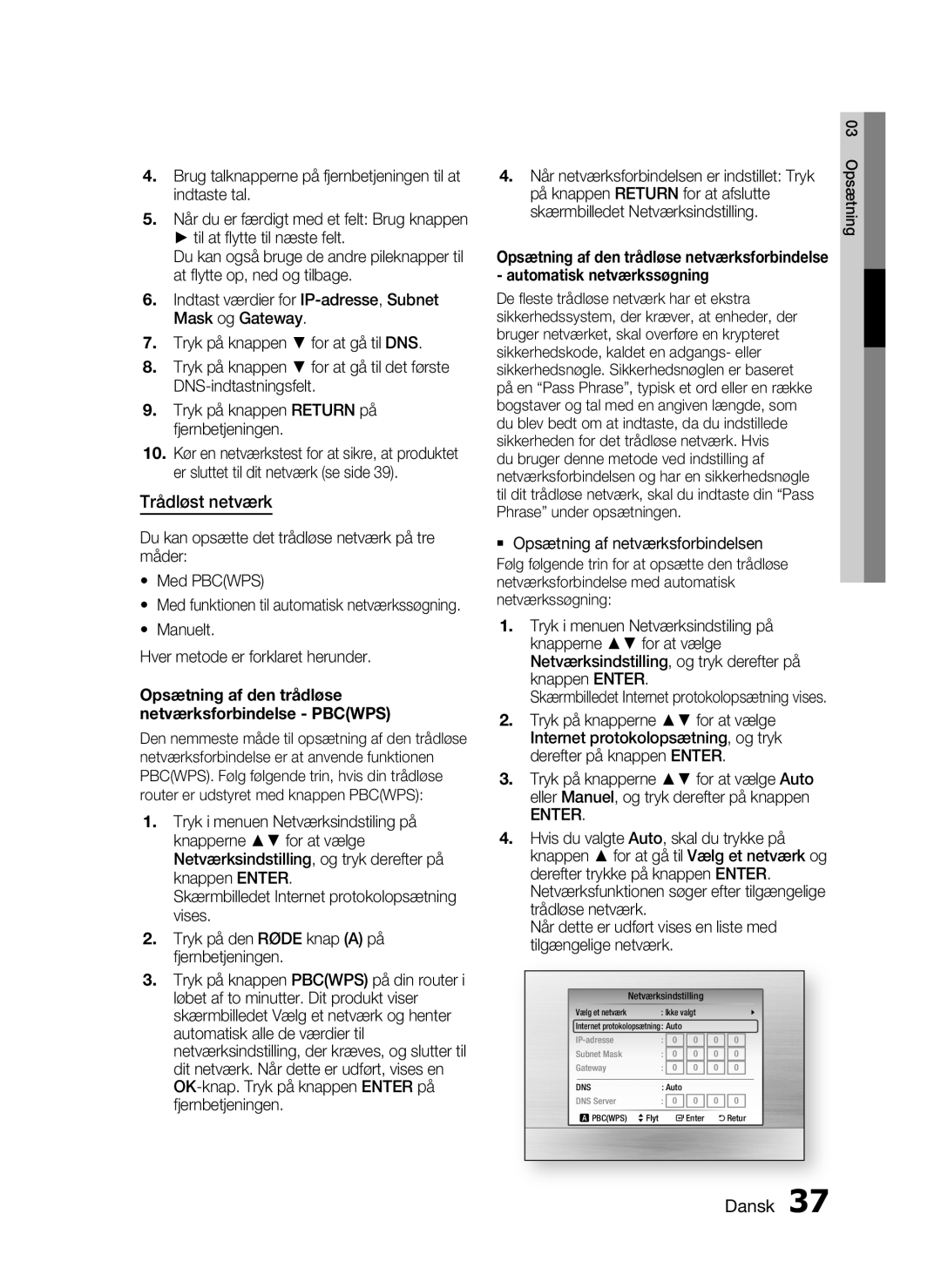 Samsung HT-C6800/XEE manual Trådløst netværk, Opsætning af den trådløse netværksforbindelse Pbcwps 