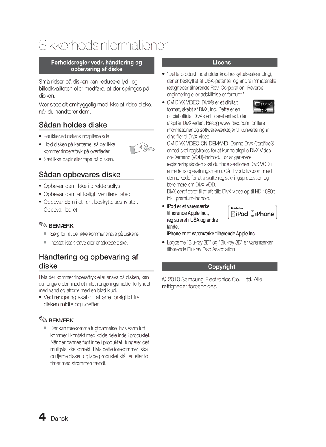 Samsung HT-C6800/XEE manual Sådan holdes diske, Sådan opbevares diske, Håndtering og opbevaring af 