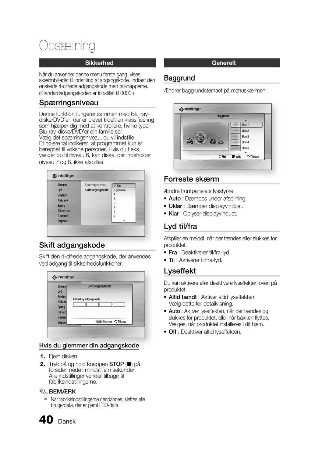 Samsung HT-C6800/XEE manual Spærringsniveau, Skift adgangskode, Baggrund, Forreste skærm, Lyd til/fra, Lyseffekt 