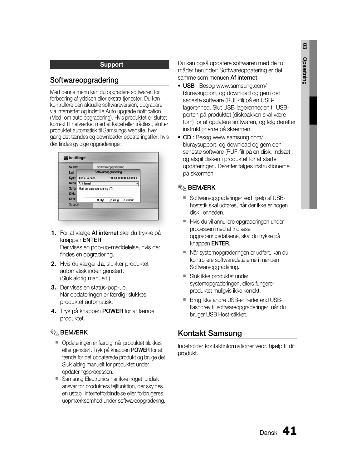 Samsung HT-C6800/XEE manual Softwareopgradering, Kontakt Samsung, Support 