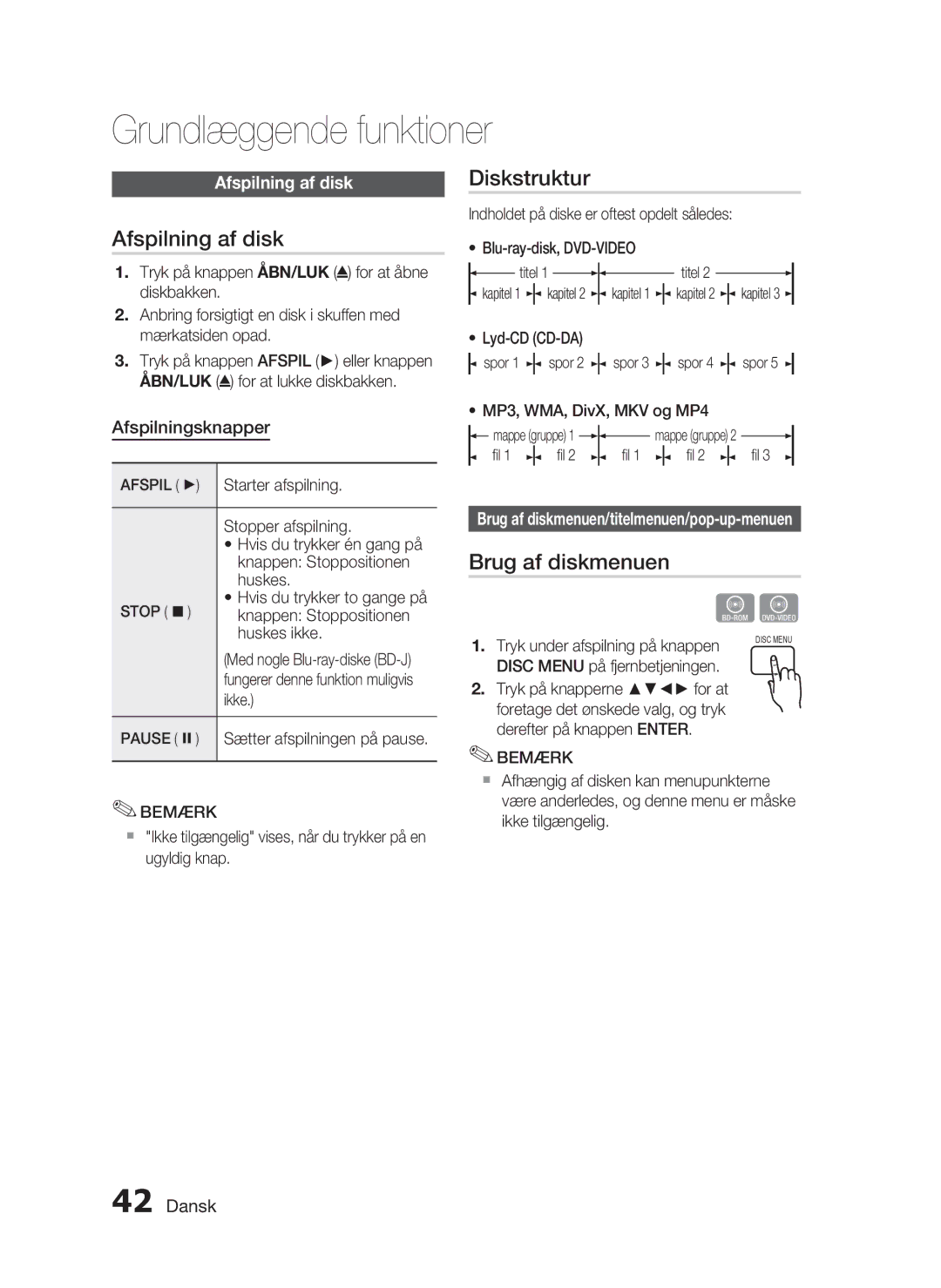 Samsung HT-C6800/XEE manual Grundlæggende funktioner, Afspilning af disk, Diskstruktur, Brug af diskmenuen 