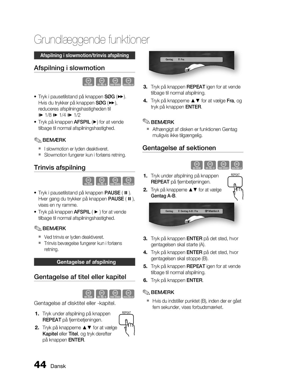 Samsung HT-C6800/XEE manual Afspilning i slowmotion, Gentagelse af sektionen Trinvis afspilning, Gentagelse af afspilning 