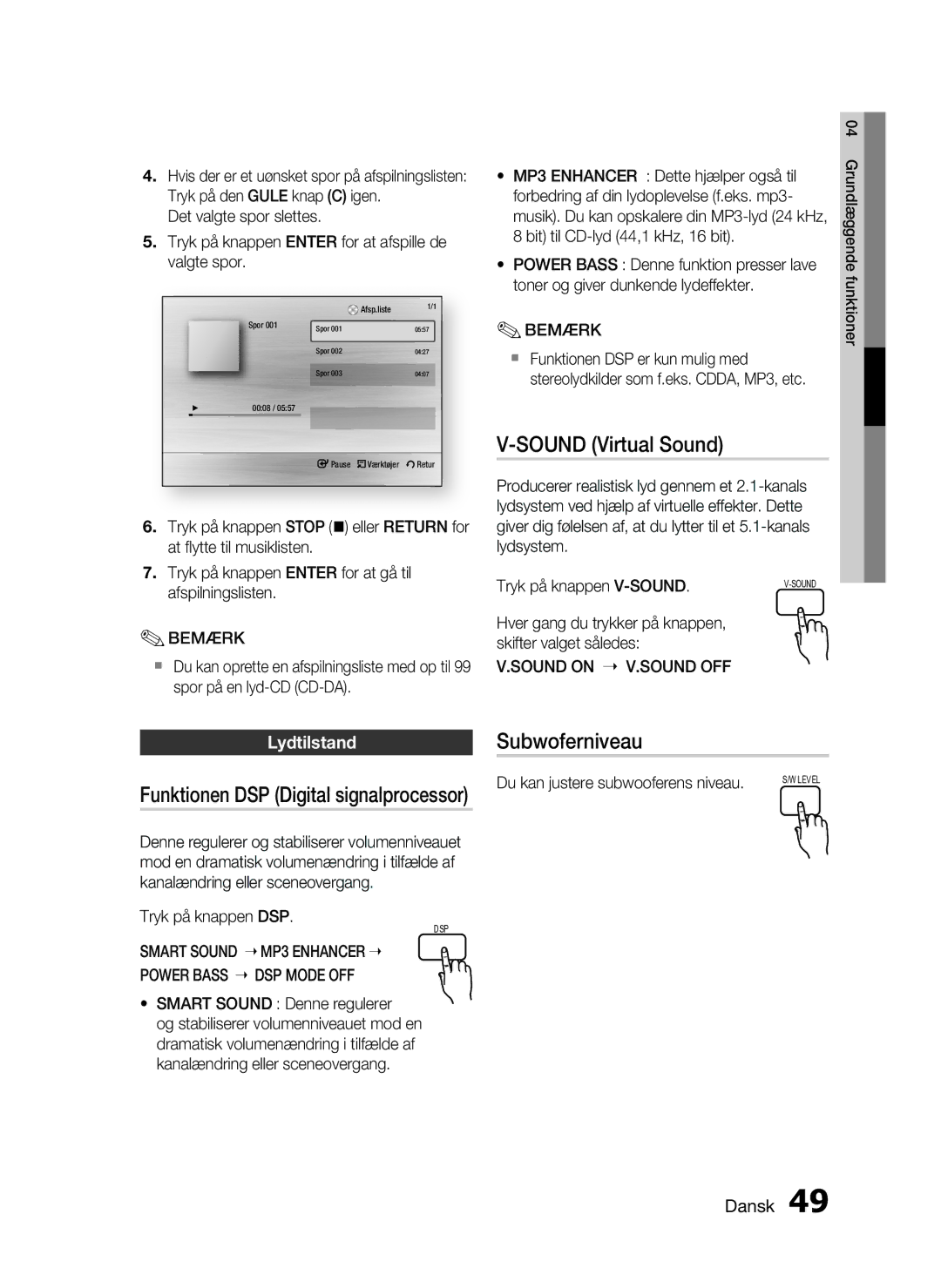 Samsung HT-C6800/XEE manual Sound Virtual Sound, Funktionen DSP Digital signalprocessor, Subwoferniveau, Lydtilstand 