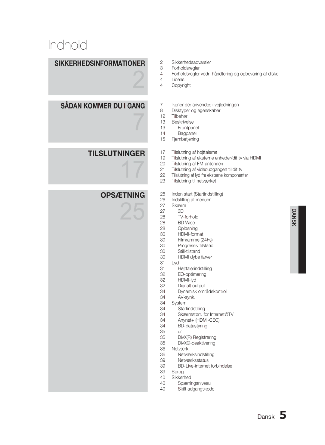 Samsung HT-C6800/XEE manual Indhold 