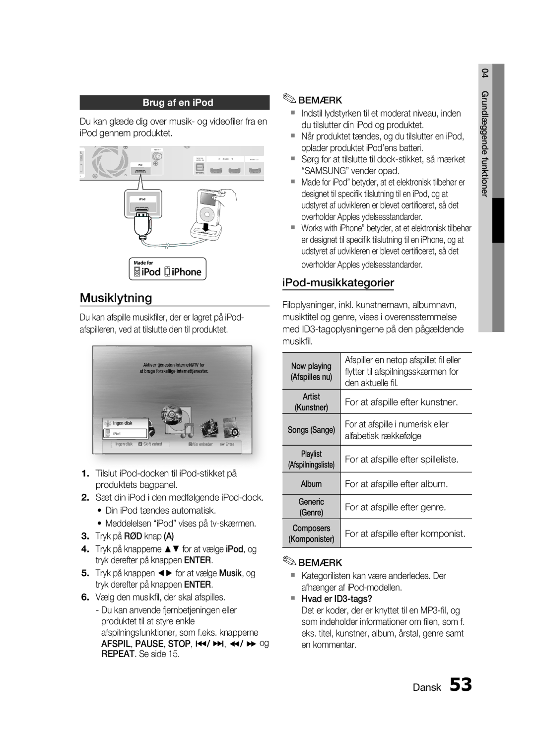 Samsung HT-C6800/XEE manual Musiklytning, IPod-musikkategorier, Brug af en iPod, AFSPIL, PAUSE, Stop 