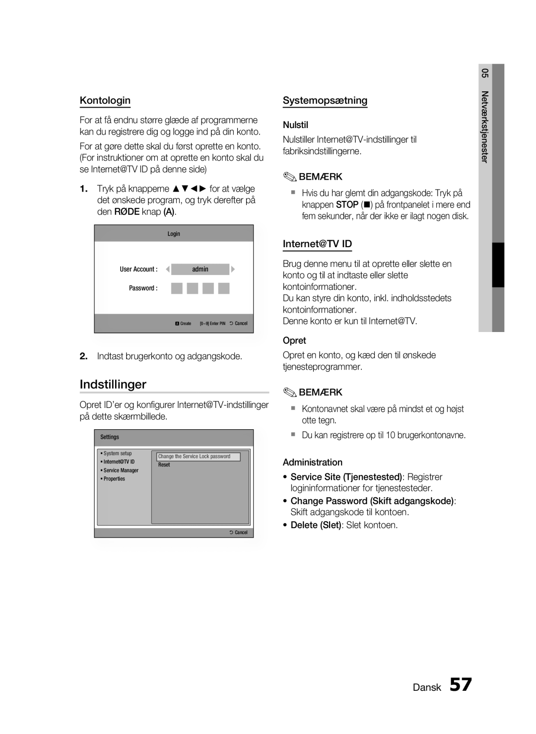 Samsung HT-C6800/XEE manual Indstillinger, Kontologin, Systemopsætning, Internet@TV ID 