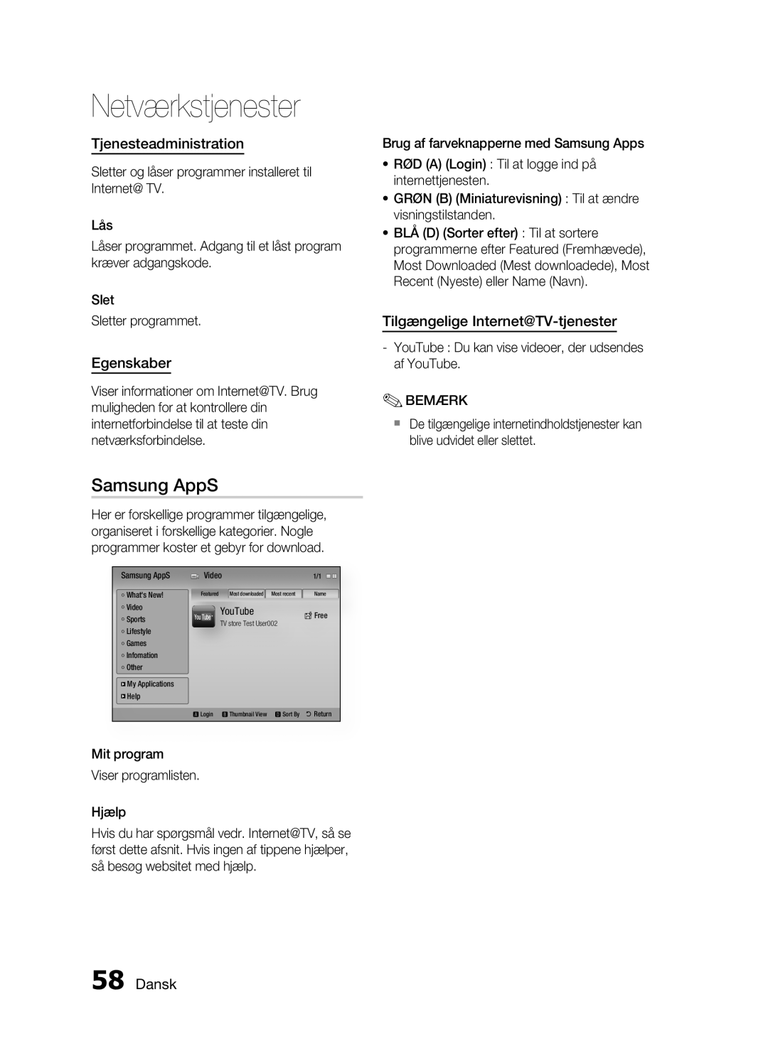 Samsung HT-C6800/XEE manual Samsung AppS, Tjenesteadministration, Egenskaber, Tilgængelige Internet@TV-tjenester 