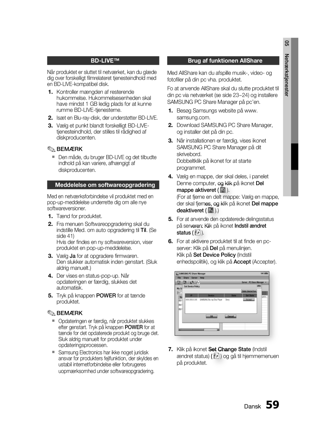 Samsung HT-C6800/XEE manual Meddelelse om softwareopgradering, Brug af funktionen AllShare 