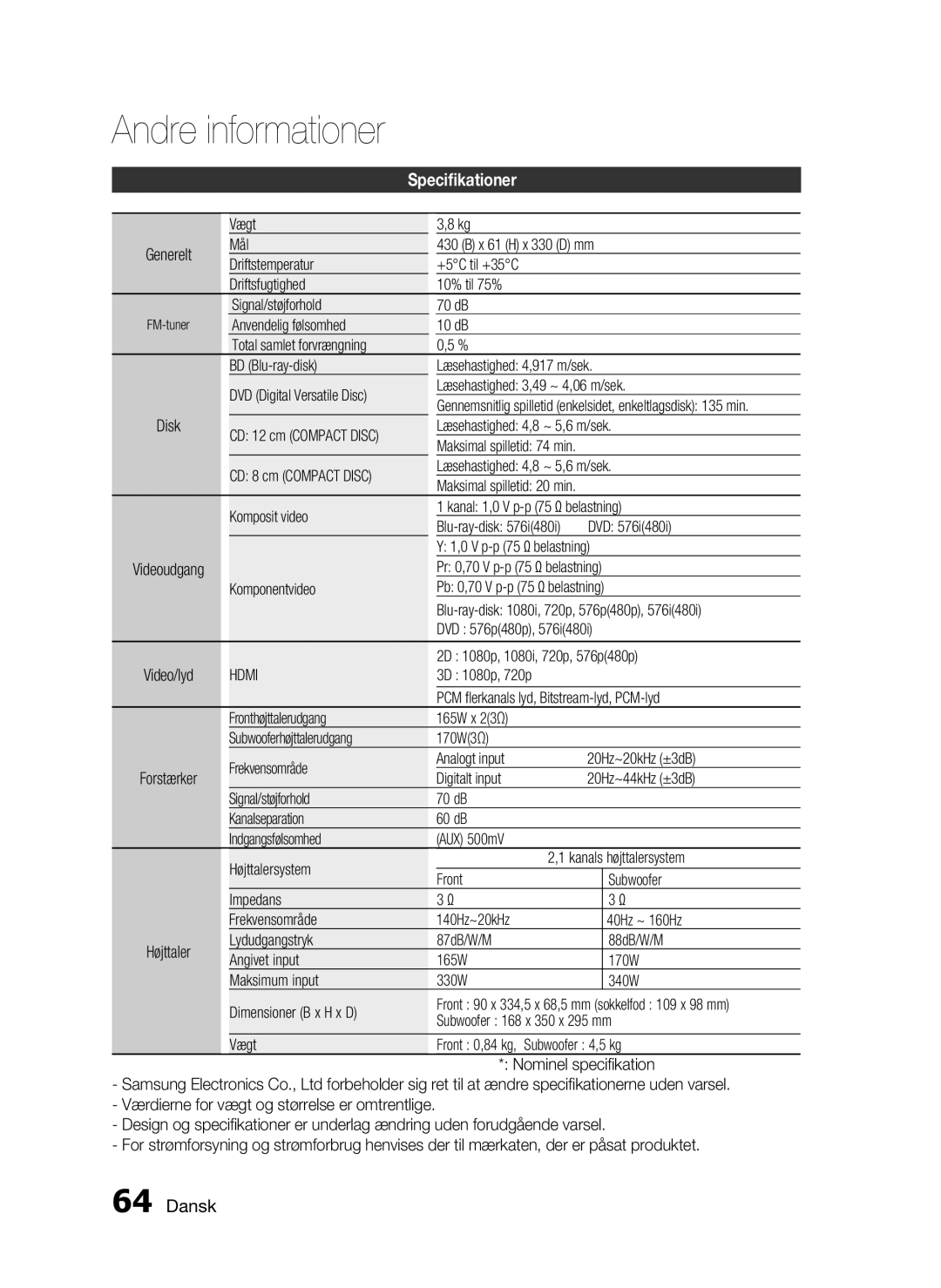 Samsung HT-C6800/XEE manual Speciﬁkationer 