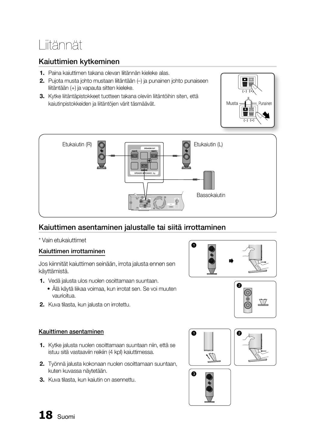 Samsung HT-C6800/XEE manual Kaiuttimien kytkeminen, Kaiuttimen asentaminen jalustalle tai siitä irrottaminen, Etukaiutin R 