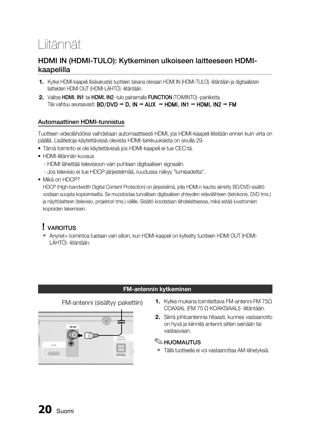 Samsung HT-C6800/XEE manual FM-antenni sisältyy pakettiin, Automaattinen HDMI-tunnistus, FM-antennin kytkeminen 