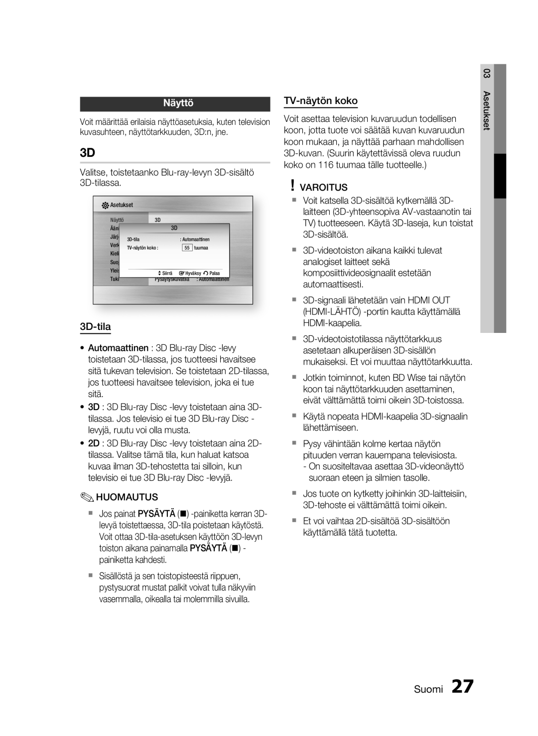 Samsung HT-C6800/XEE manual Näyttö, TV-näytön koko, Valitse, toistetaanko Blu-ray-levyn 3D-sisältö 3D-tilassa 