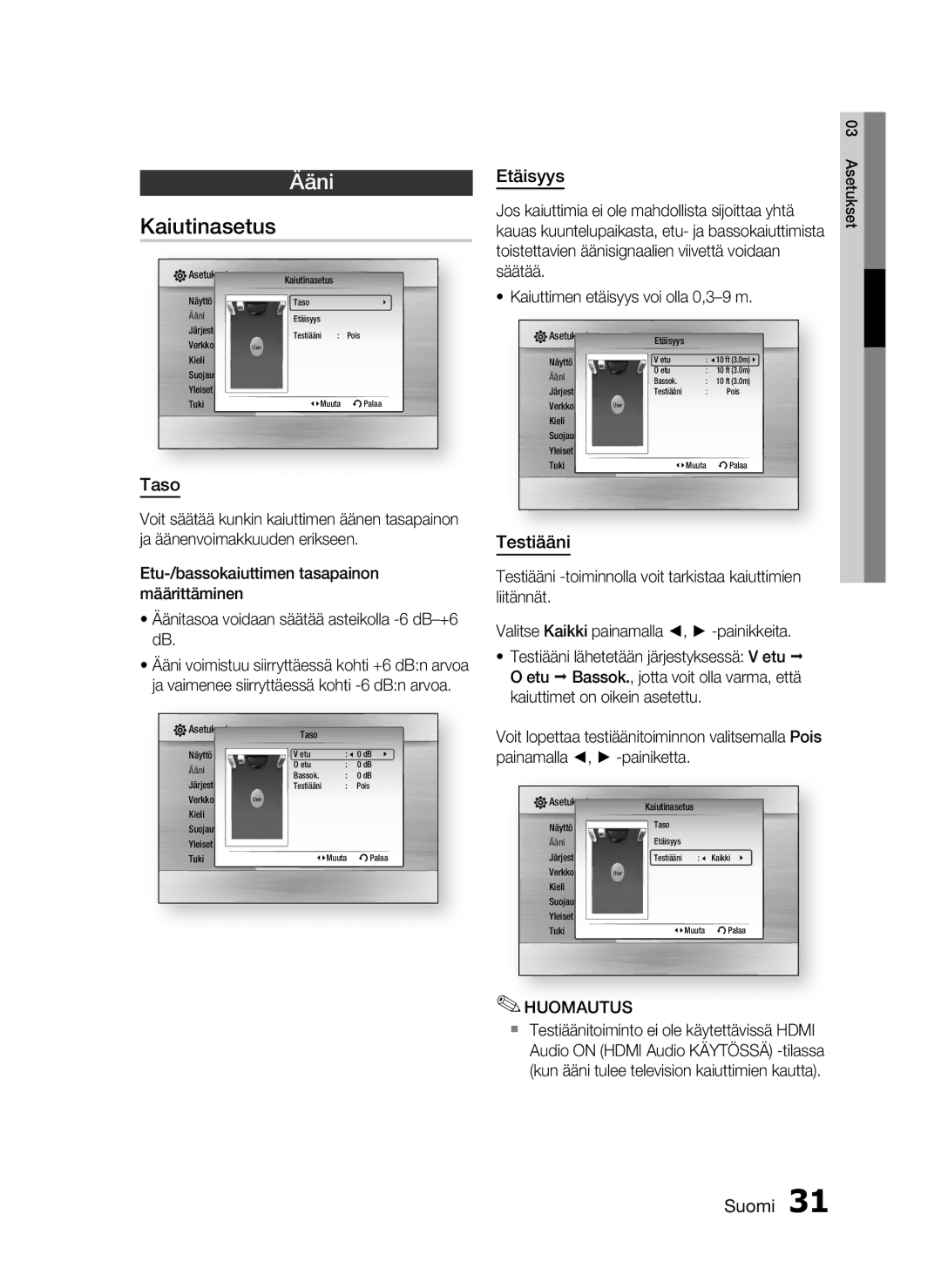 Samsung HT-C6800/XEE manual Kaiutinasetus, Taso, Etäisyys, Testiääni 