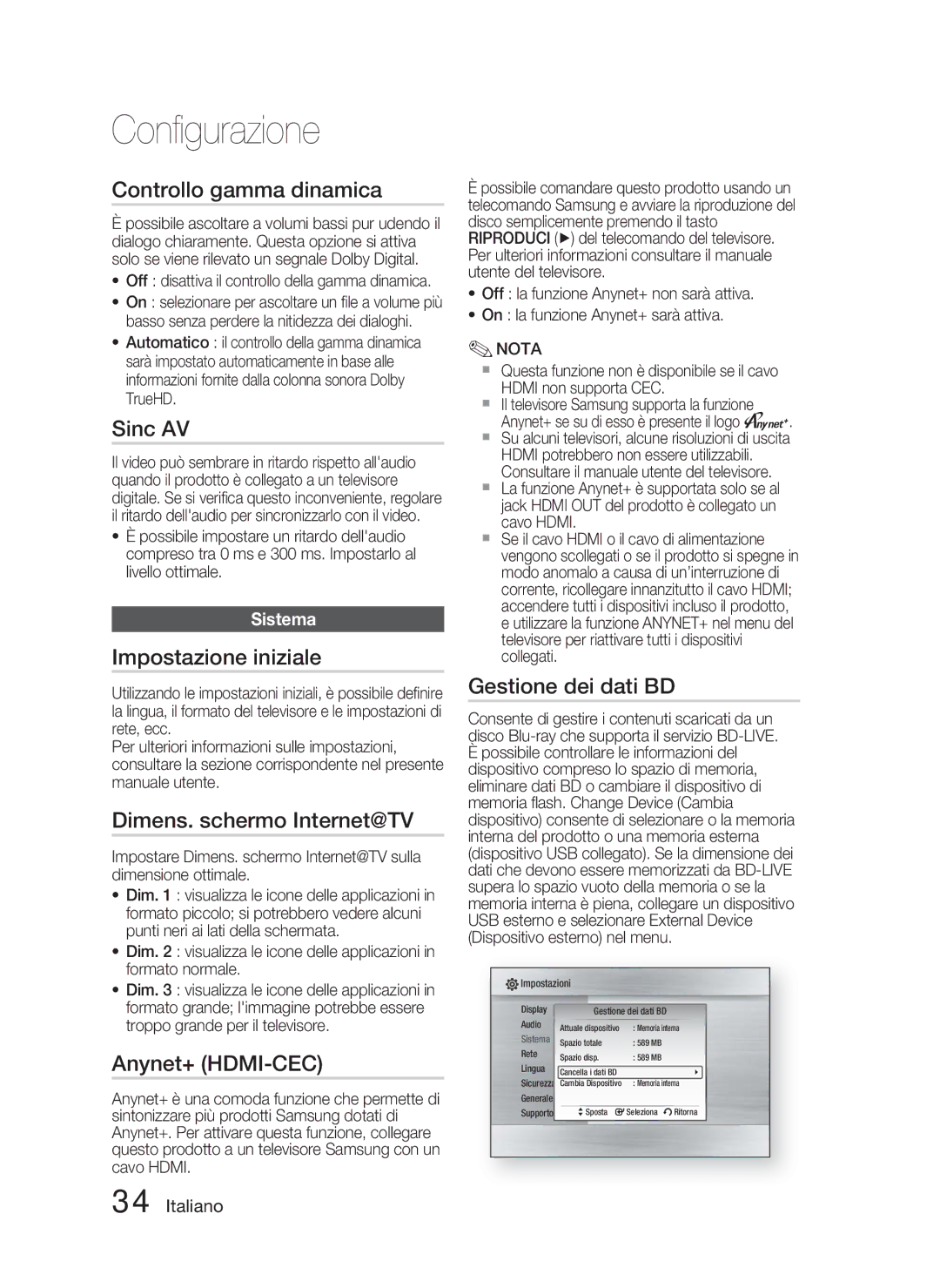 Samsung HT-C6800/XEF manual Controllo gamma dinamica, Sinc AV, Impostazione iniziale, Dimens. schermo Internet@TV 