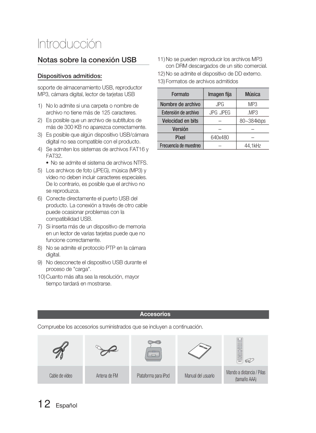 Samsung HT-C6800/XEF Notas sobre la conexión USB, Dispositivos admitidos, Accesorios, Mando a distancia / Pilas Tamaño AAA 