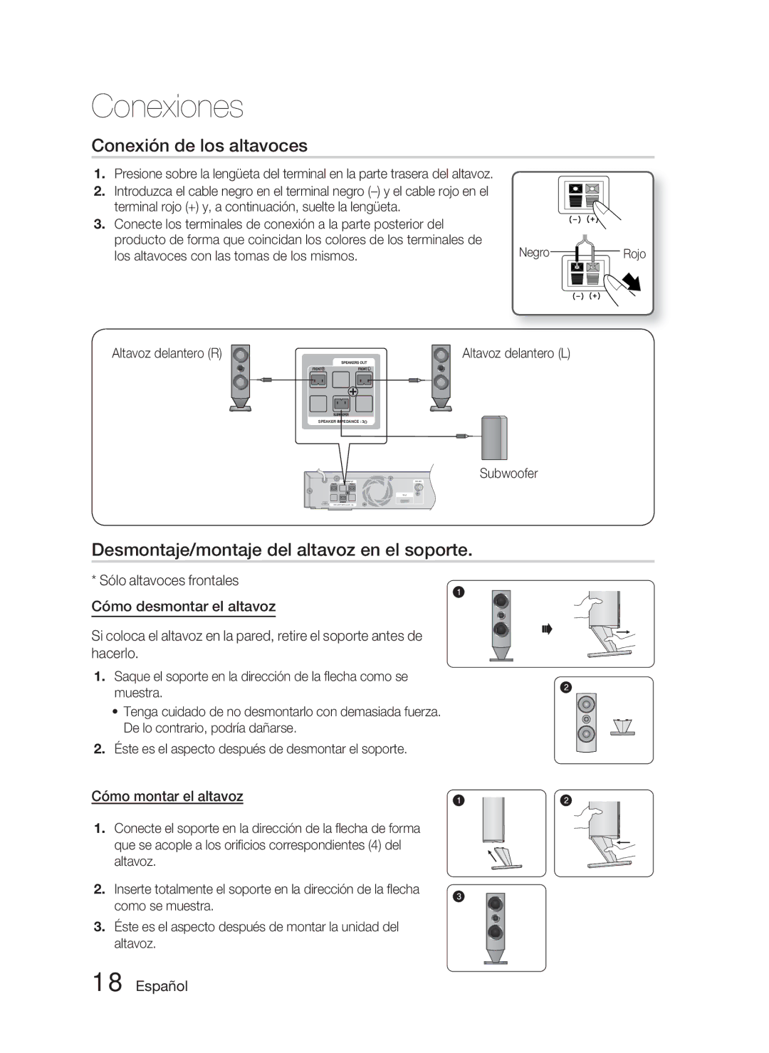 Samsung HT-C6800/XEF manual Conexión de los altavoces, Desmontaje/montaje del altavoz en el soporte, Cómo montar el altavoz 