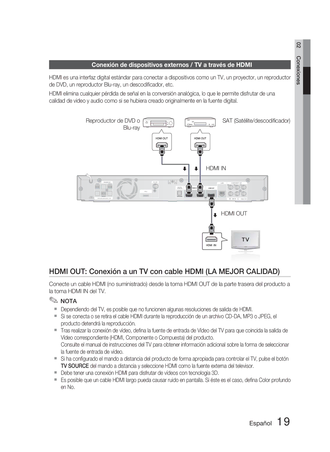 Samsung HT-C6800/XEF manual Hdmi OUT Conexión a un TV con cable Hdmi LA Mejor Calidad, Reproductor de DVD o Blu-ray 