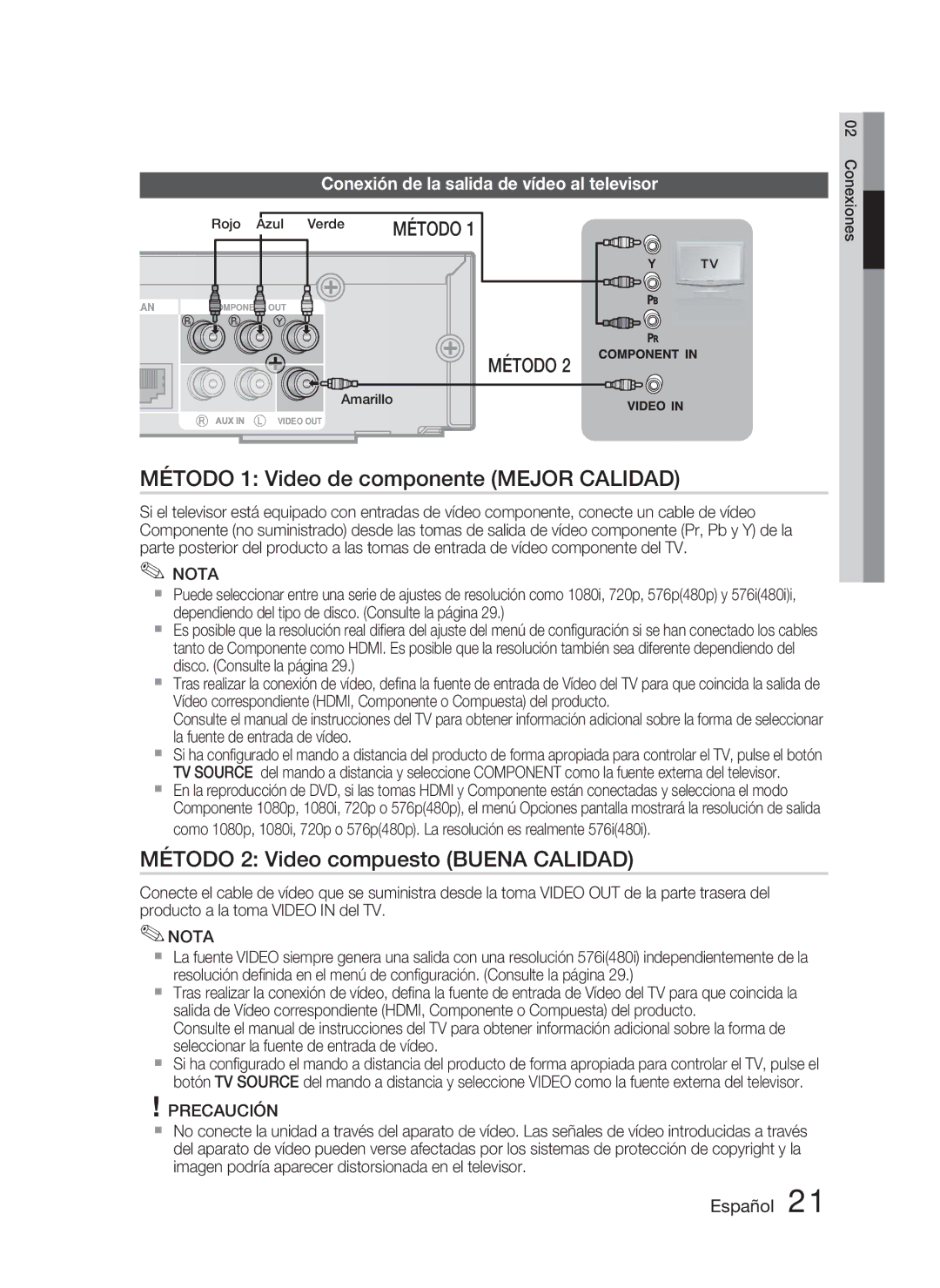 Samsung HT-C6800/XEF manual Método 1 Video de componente Mejor Calidad, Método 2 Video compuesto Buena Calidad, Amarillo 