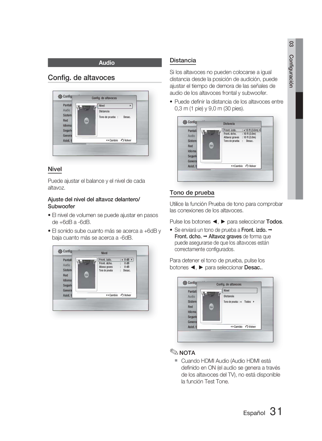 Samsung HT-C6800/XEF manual Conﬁg. de altavoces, Nivel, Distancia, Tono de prueba 