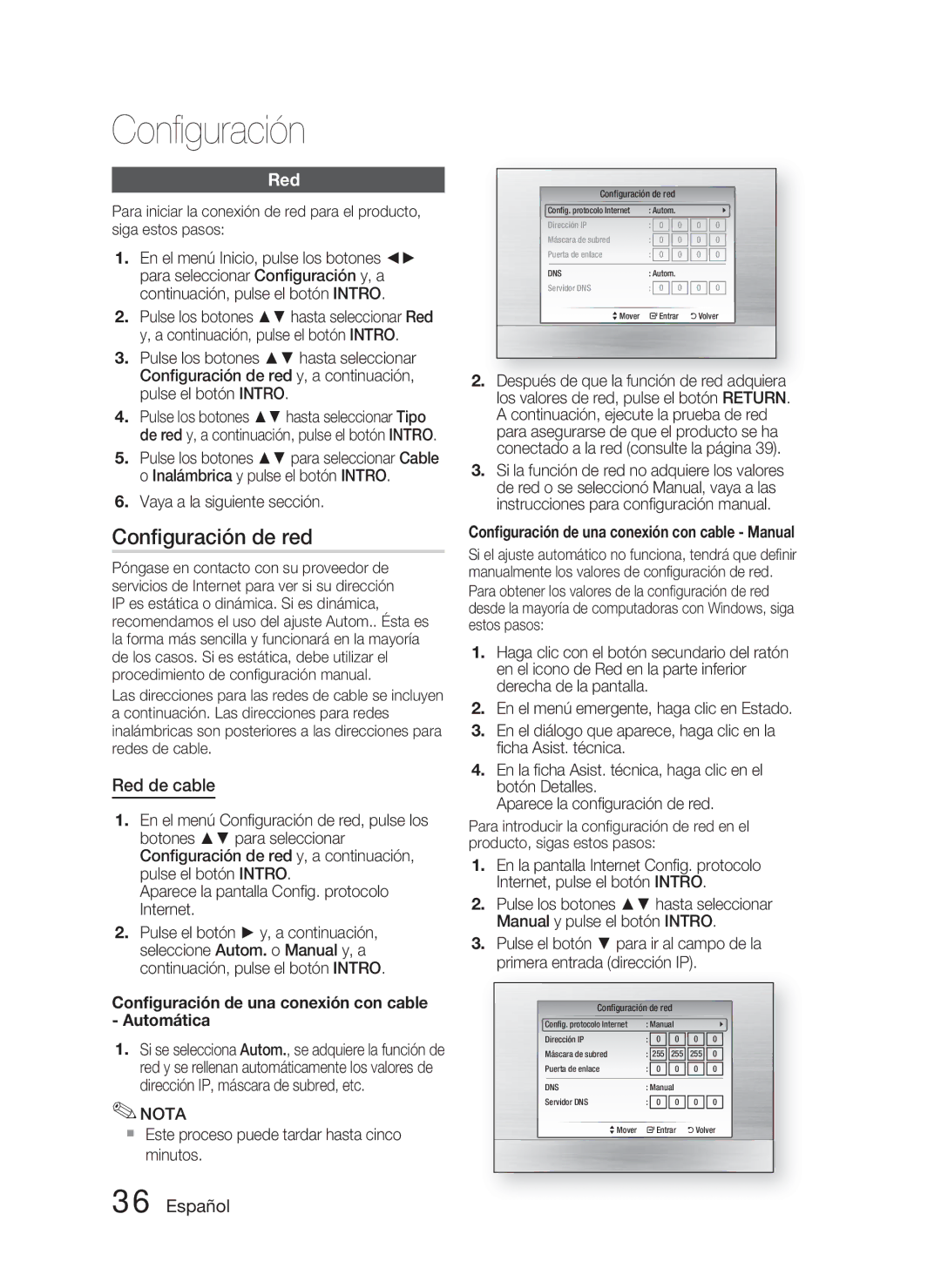 Samsung HT-C6800/XEF manual Conﬁguración de red, Red de cable, Conﬁguración de una conexión con cable Automática 