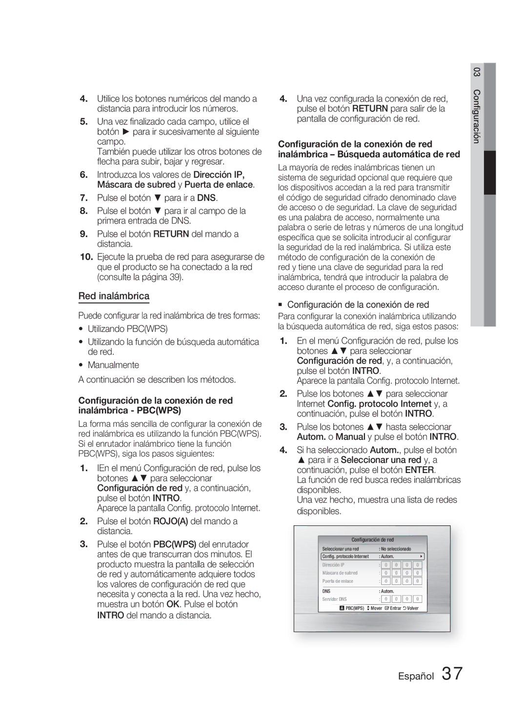 Samsung HT-C6800/XEF manual Red inalámbrica, Conﬁguración de la conexión de red inalámbrica Pbcwps 