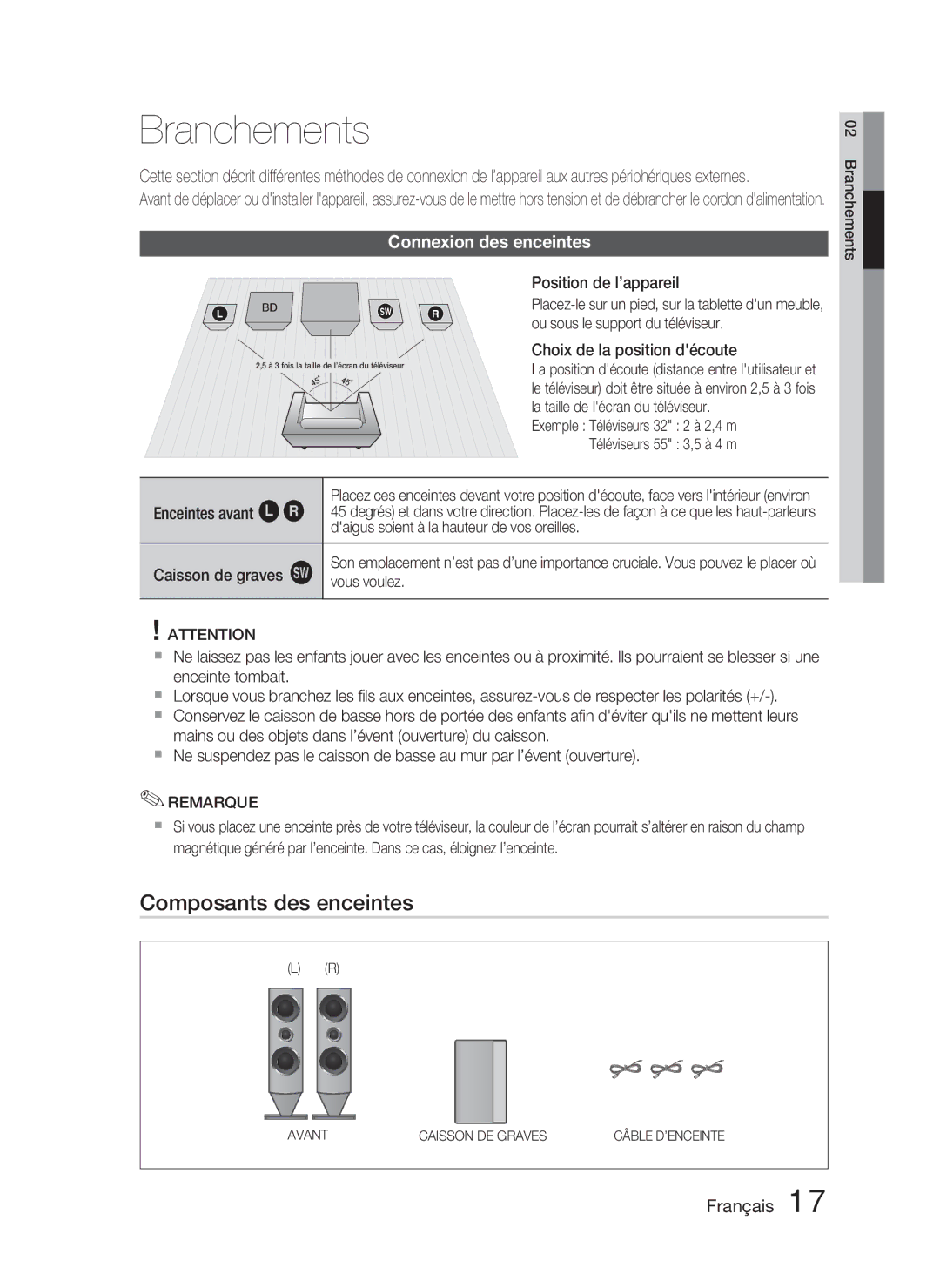 Samsung HT-C6800/XEF manual Branchements, Composants des enceintes, Connexion des enceintes 