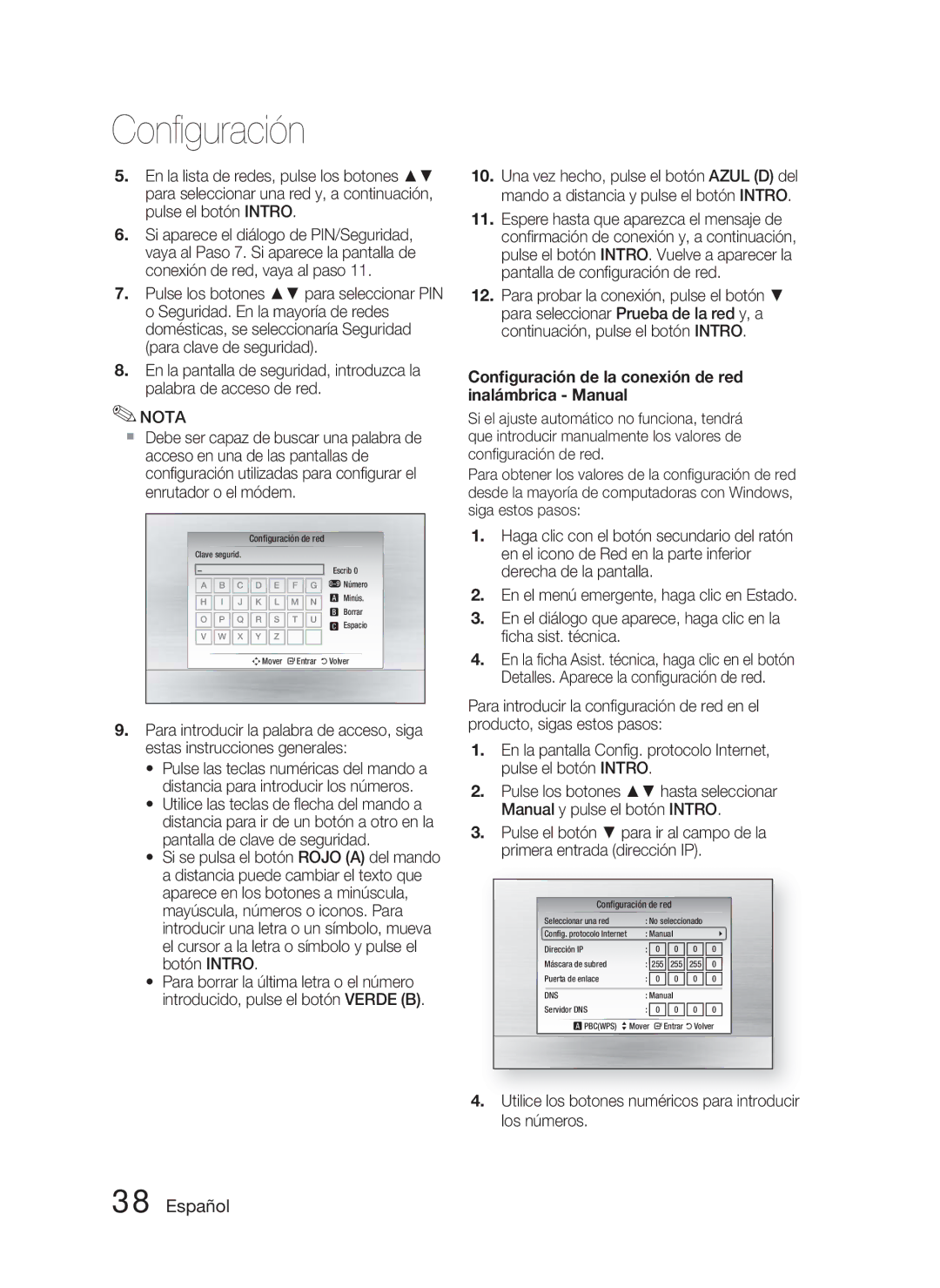 Samsung HT-C6800/XEF manual Conﬁguración de la conexión de red inalámbrica Manual 