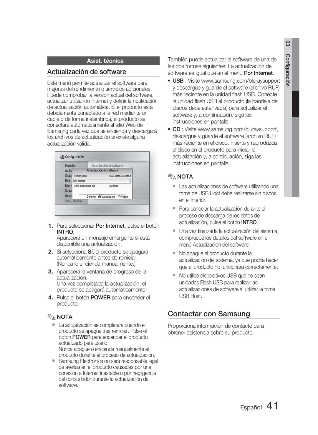 Samsung HT-C6800/XEF manual Actualización de software, Contactar con Samsung, Asist. técnica, Intro 