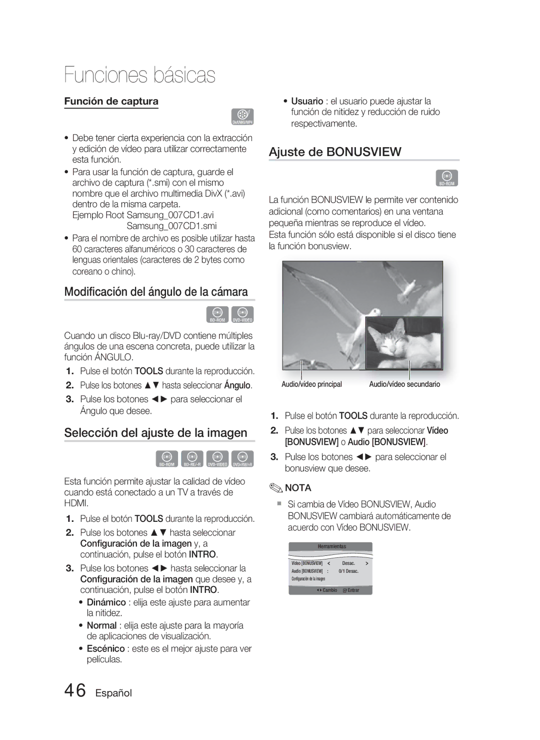 Samsung HT-C6800/XEF manual Modiﬁcación del ángulo de la cámara, Selección del ajuste de la imagen, Ajuste de Bonusview 