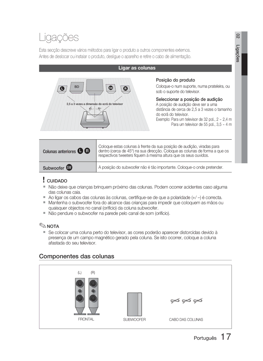 Samsung HT-C6800/XEF manual Ligações, Componentes das colunas, Ligar as colunas, Posição do produto 