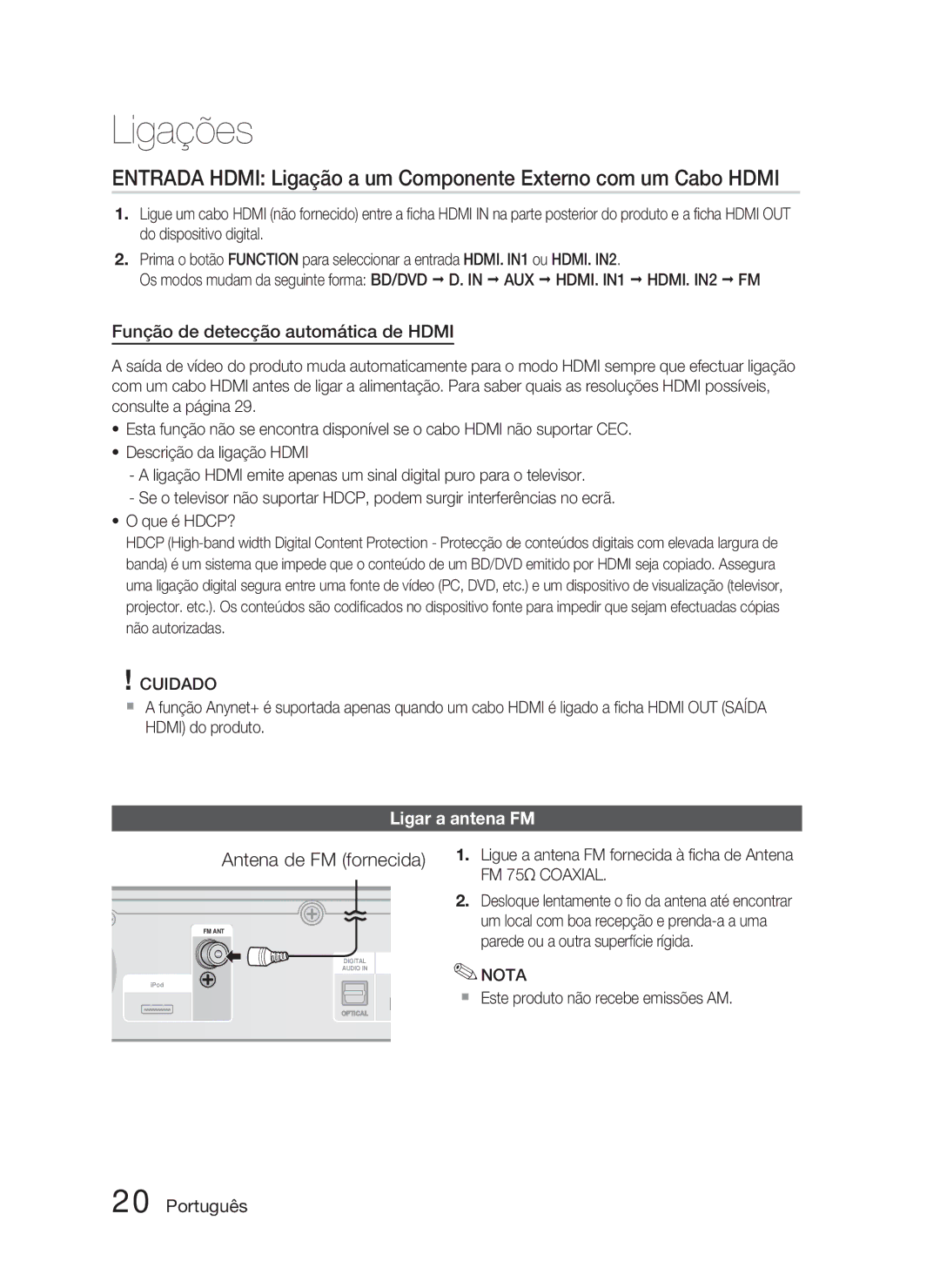 Samsung HT-C6800/XEF manual Antena de FM fornecida, Função de detecção automática de Hdmi, Ligar a antena FM 