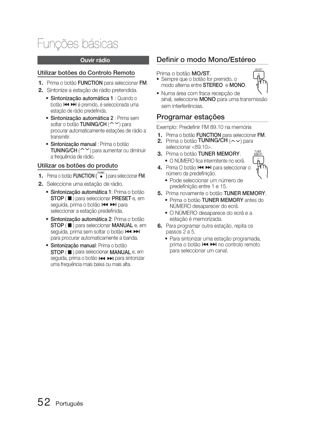 Samsung HT-C6800/XEF manual Deﬁnir o modo Mono/Estéreo, Programar estações, Ouvir rádio, Utilizar botões do Controlo Remoto 