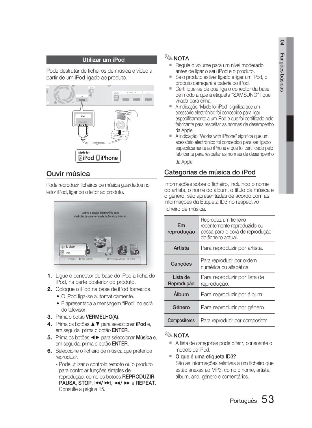 Samsung HT-C6800/XEF manual Ouvir música, Categorias de música do iPod, Utilizar um iPod 