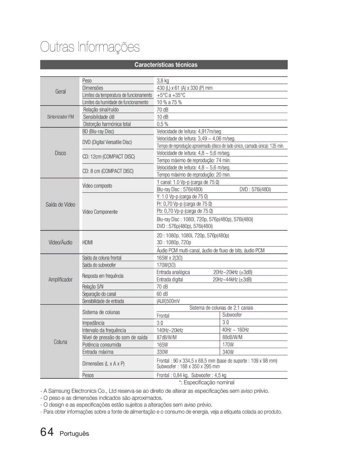 Samsung HT-C6800/XEF manual Características técnicas, Dimensões, +5C a +35C, 10 % a 75 % Relação sinal/ruído 70 dB 