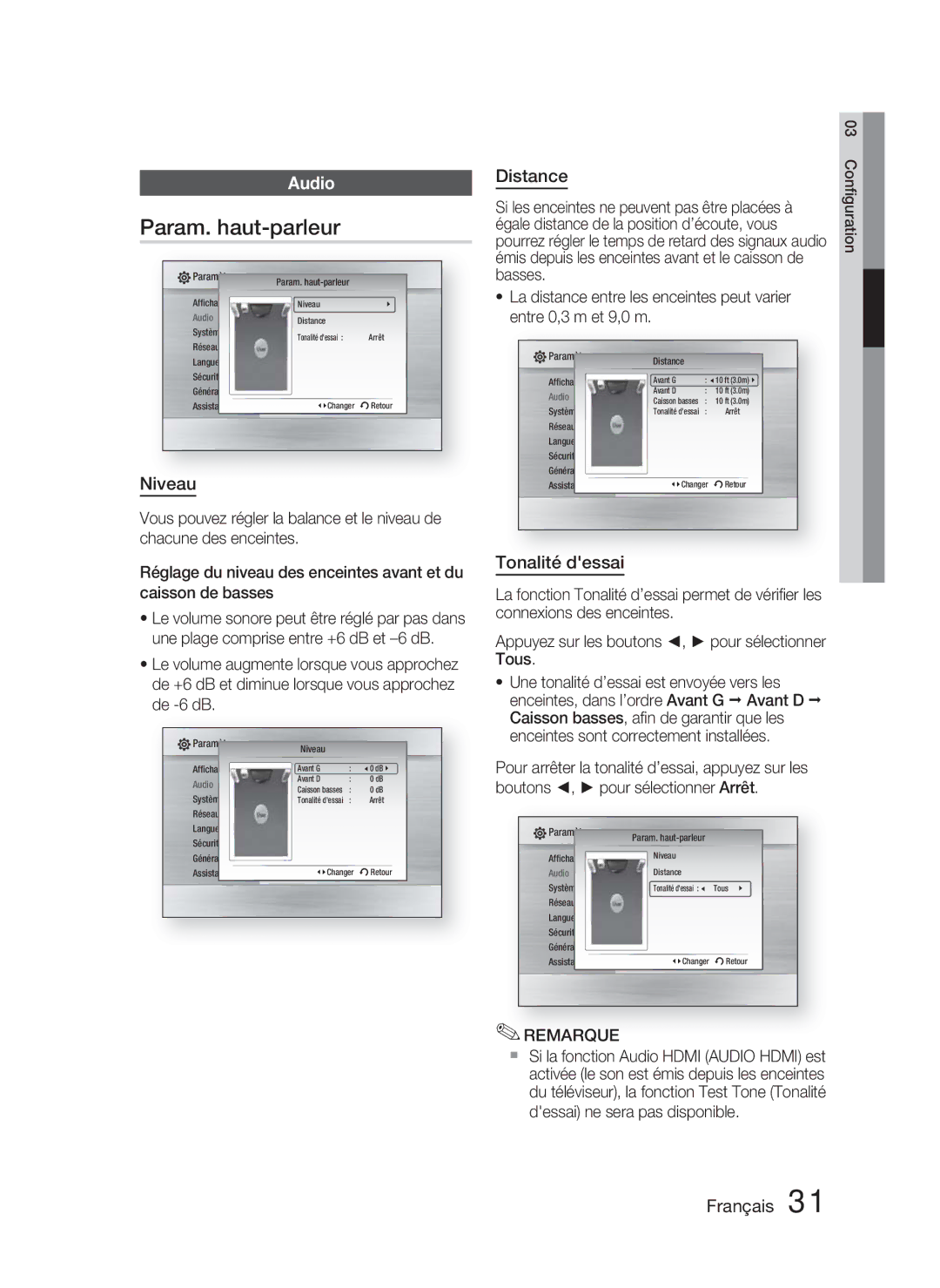 Samsung HT-C6800/XEF manual Param. haut-parleur, Audio, Niveau, Distance, Tonalité dessai 