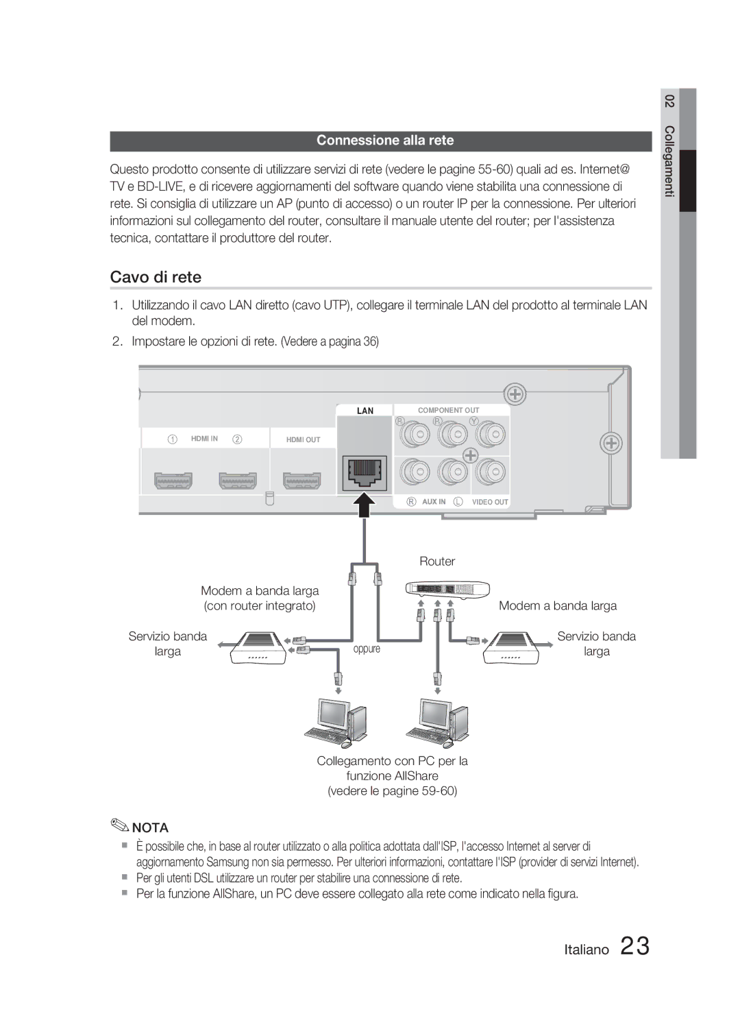 Samsung HT-C6800/XEF manual Connessione alla rete, Modem a banda larga con router integrato 