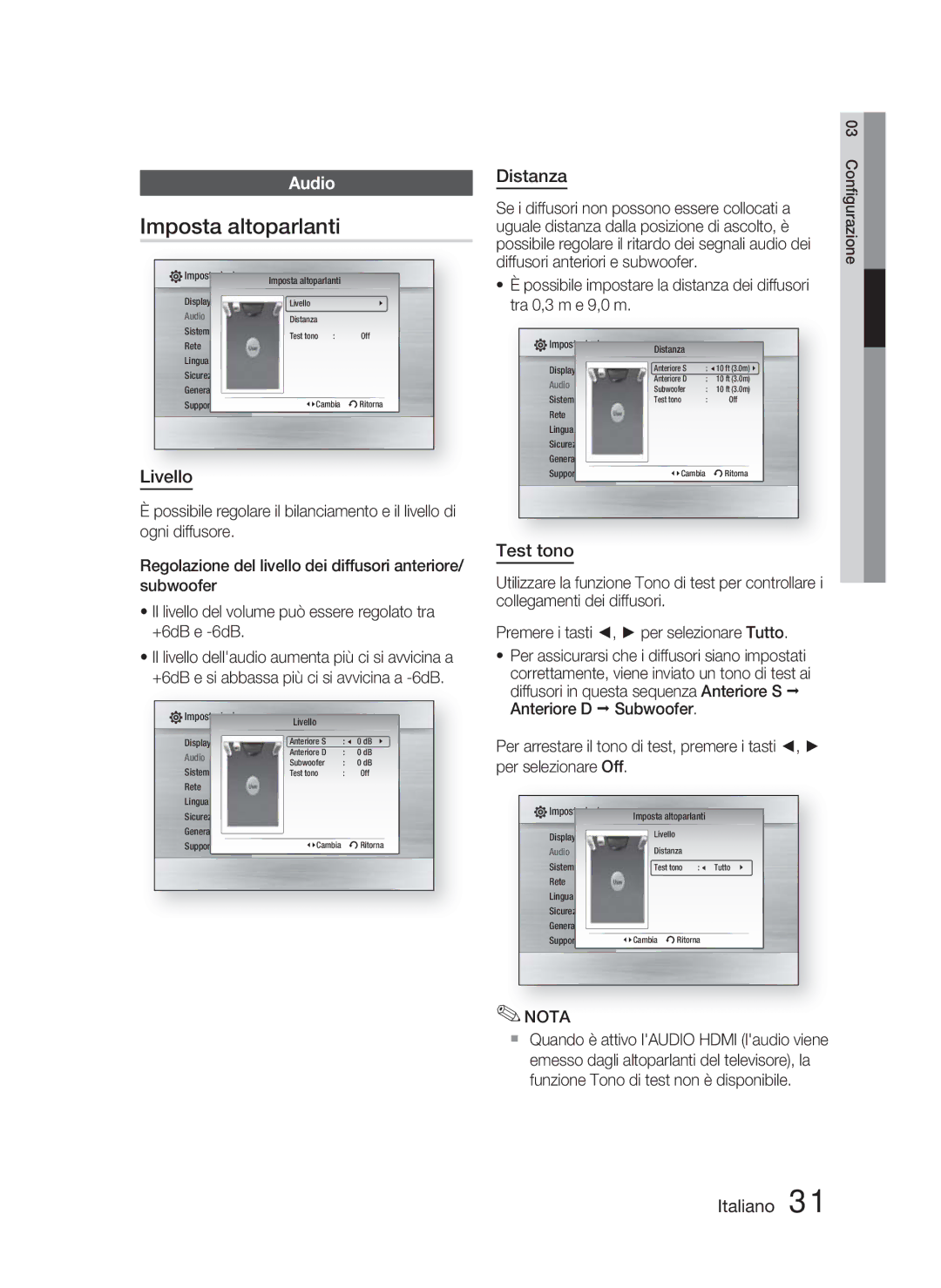 Samsung HT-C6800/XEF manual Imposta altoparlanti, Livello, Distanza, Test tono 