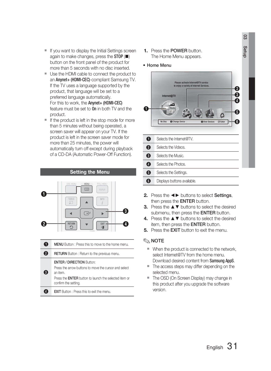 Samsung HT-C6900W user manual Setting the Menu 