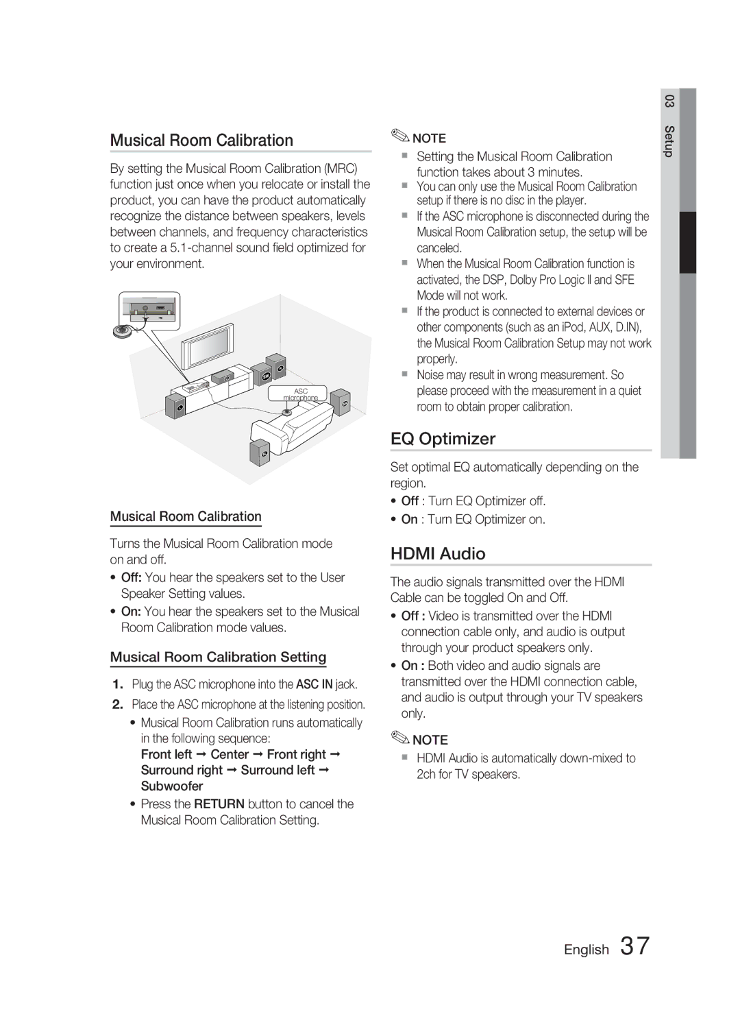 Samsung HT-C6900W user manual EQ Optimizer, Hdmi Audio, Musical Room Calibration Setting 