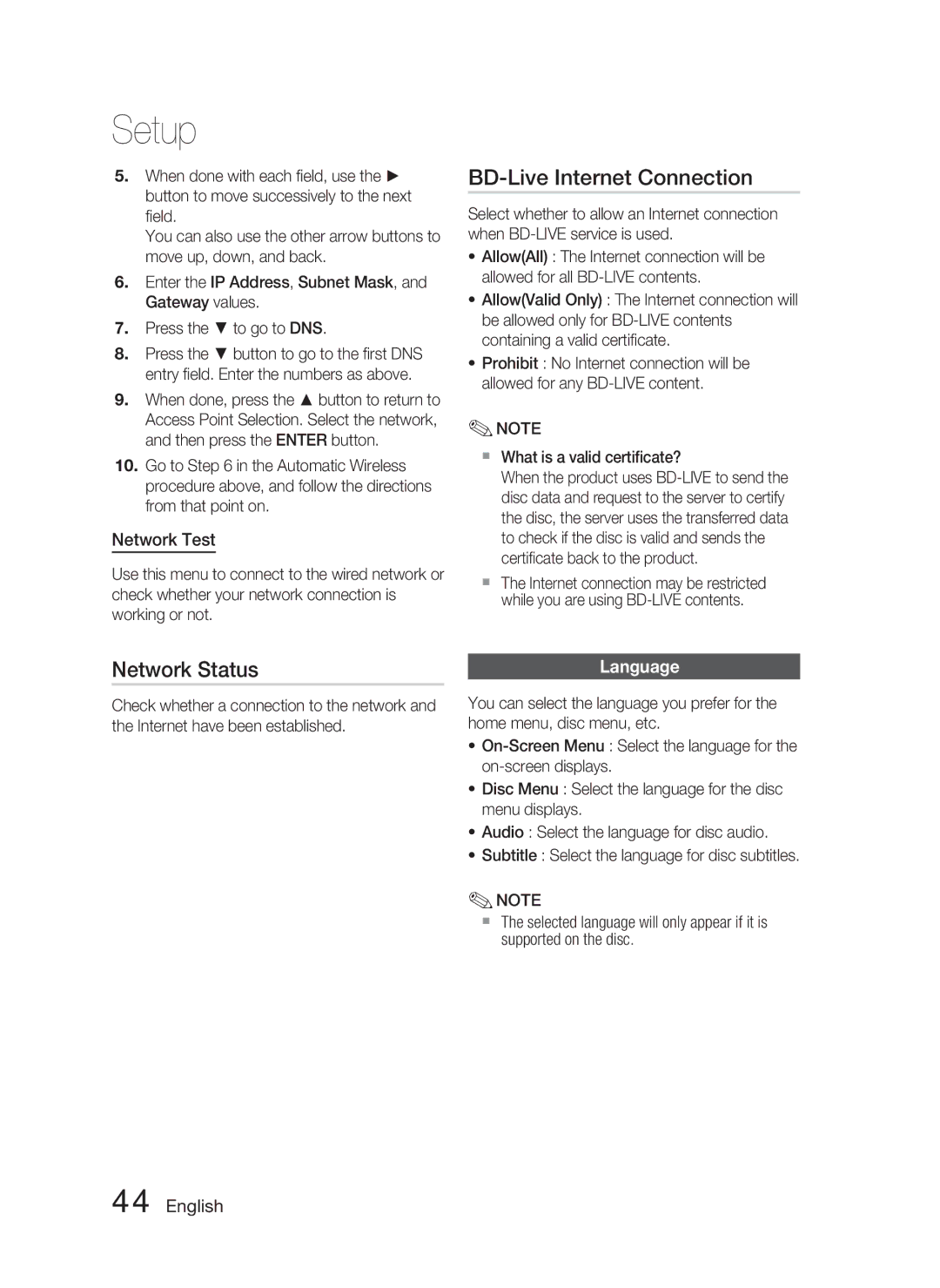 Samsung HT-C6900W user manual BD-Live Internet Connection, Network Status, Network Test, Language 