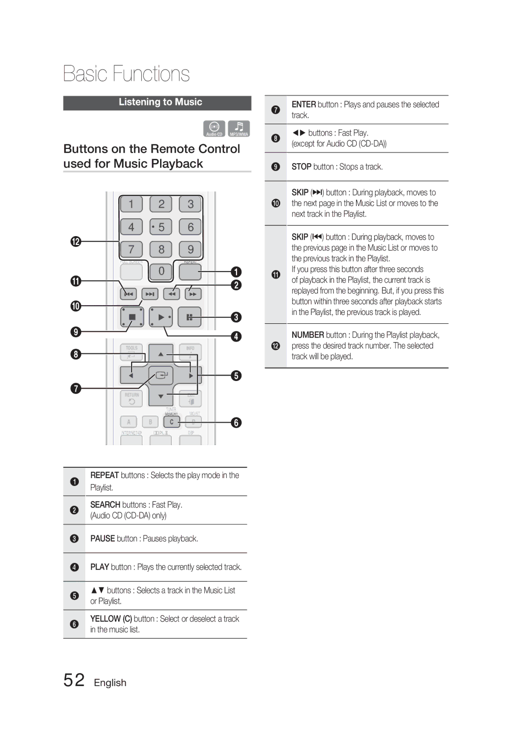 Samsung HT-C6900W Buttons on the Remote Control used for Music Playback, Listening to Music, Pause button Pauses playback 